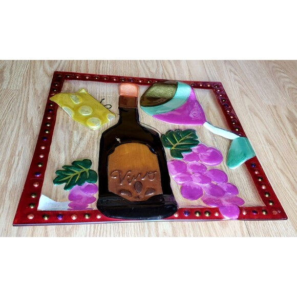 LSARTS Glass Wine And Cheese PLATTER 11.5 Square Vino Bottle Wine Glass Grapes - Picture 10 of 10